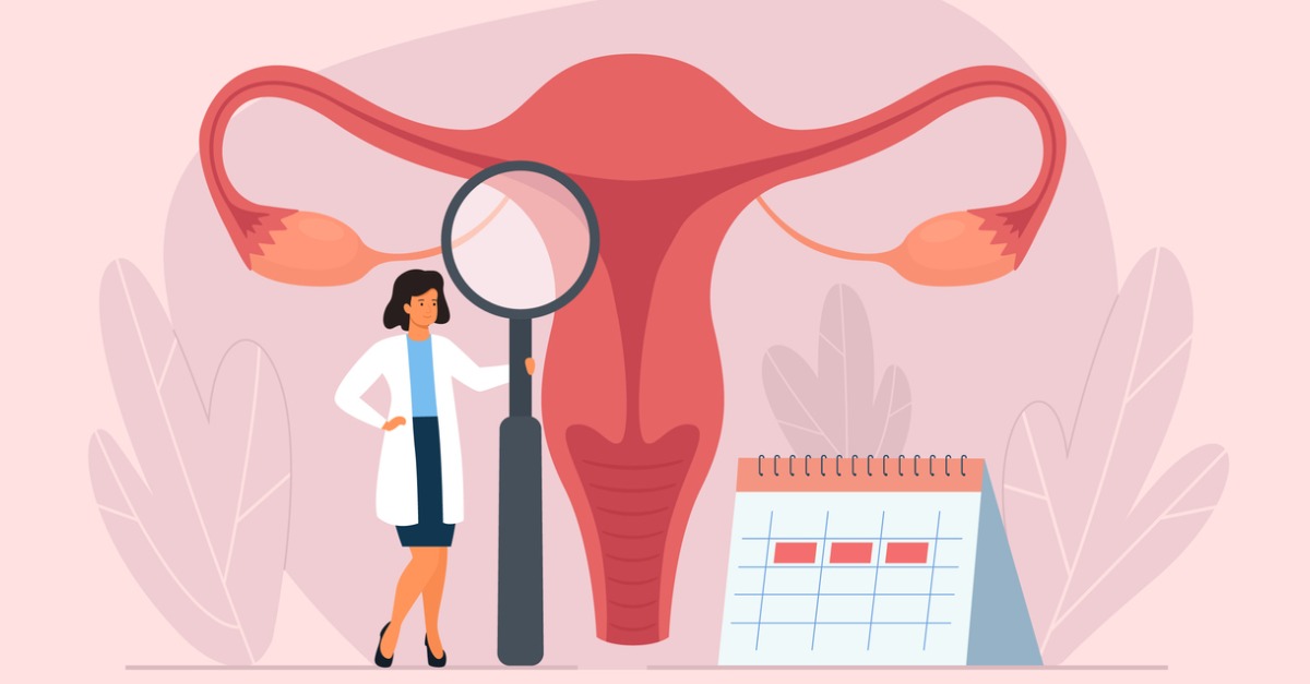 illustration of femail reproductive organ and doctor next to a calendar